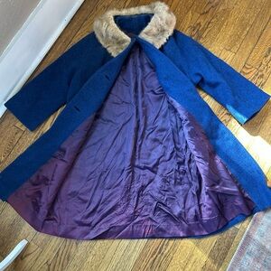 Vintage Elegant Blue Coat with Fur Collar